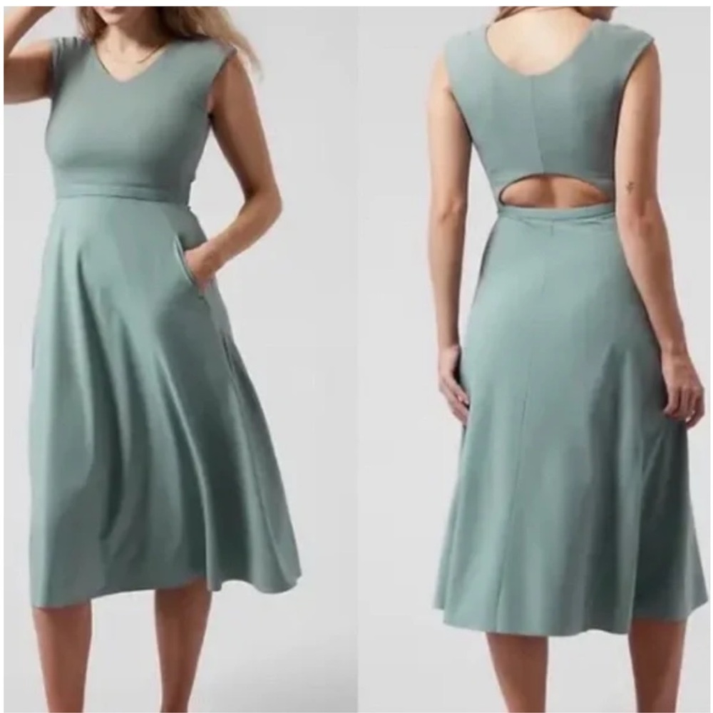 Athleta Ryder A-Line Midi Cut Out Back Slate Blue/Green Dress active comfort